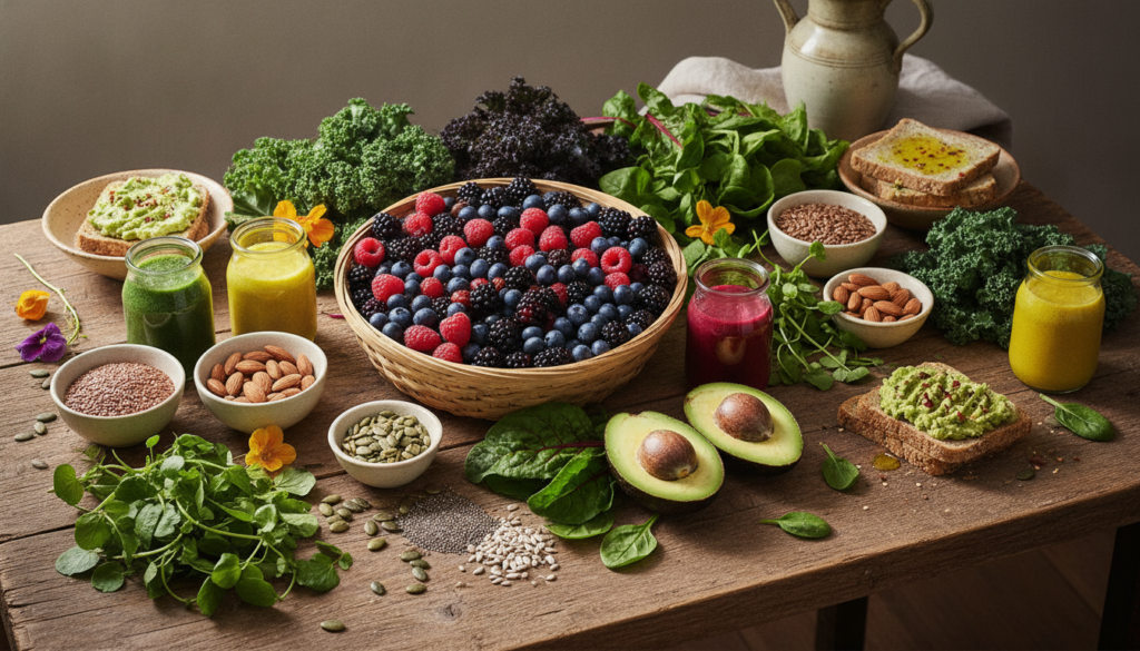 A vibrant colorful spread of healthy foods beneficial for women including berries leafy greens nuts seeds and avocado ar