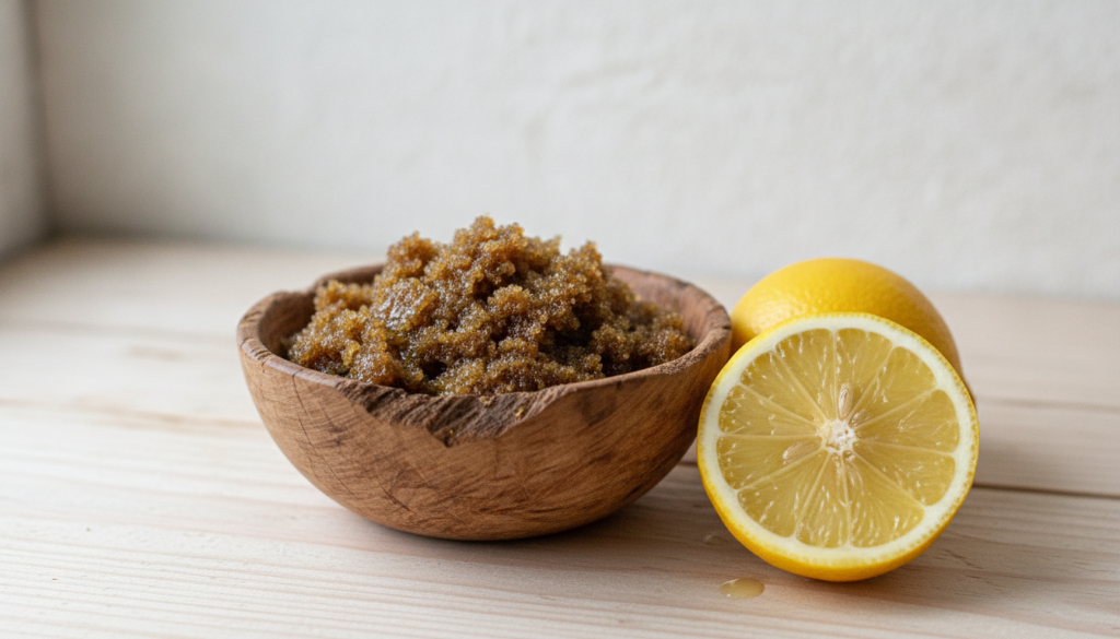A bowl of homemade brown sugar and olive oil scrub with a fresh lemon half beside it on a rustic wooden surface