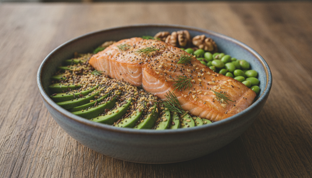 A close-up of a bowl filled with various omega-3 rich foods like salmon avocado slices and sprinkled flax seeds against 
