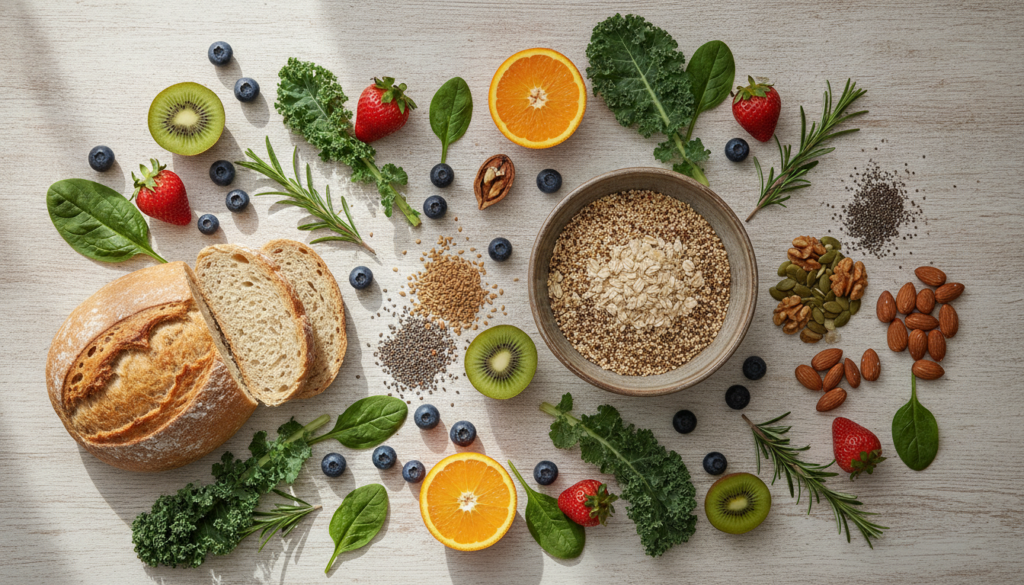 A vibrant and aesthetically pleasing flat lay of various healthy foods including colorful fruits leafy green vegetables 