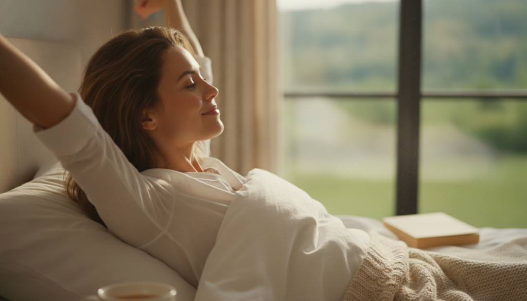 A woman waking up in the morning looking refreshed and happy with glowing skin