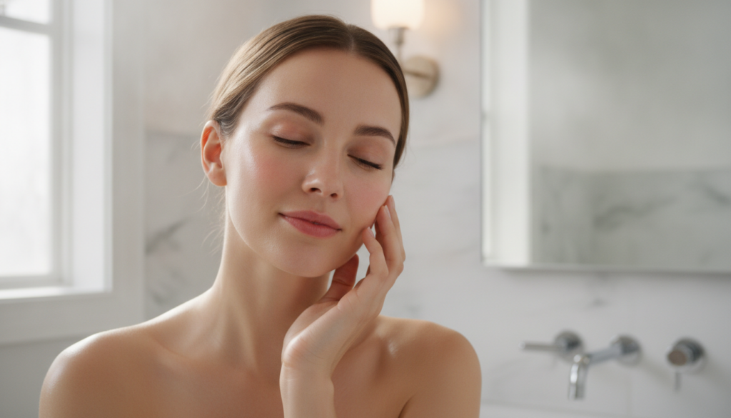 A woman with radiant clear glass skin gently touching her cheek with a soft natural glow
