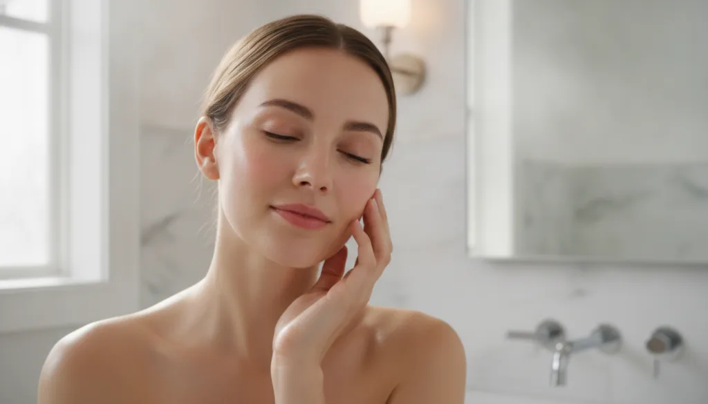 A woman with radiant clear glass skin gently touching her cheek with a soft natural glow