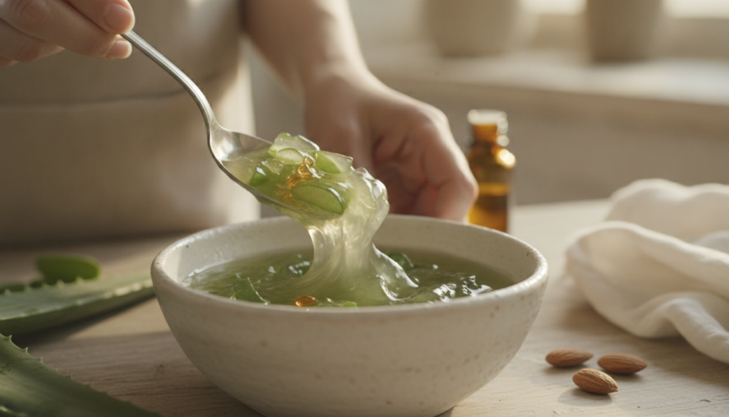 Hands mixing aloe vera gel vitamin E oil and almond oil in a small bowl with a soft focus on the ingredients