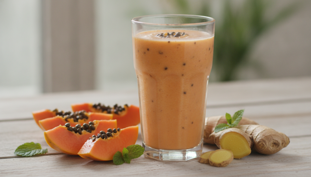 A vibrant fresh smoothie in a glass with slices of papaya and ginger root nearby and a spoonful of yogurt The scene is b