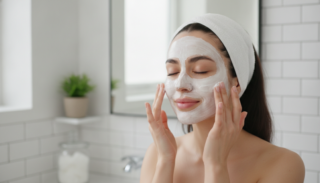 A woman gently applying a white rice cream to her face with her fingertips in a well-lit bathroom showcasing the cream s