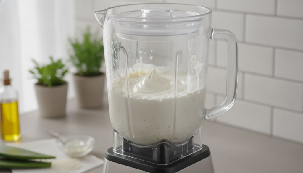 Close-up of a blender mixing cooked rice aloe vera gel and oils into a smooth creamy white paste for a DIY Korean rice c