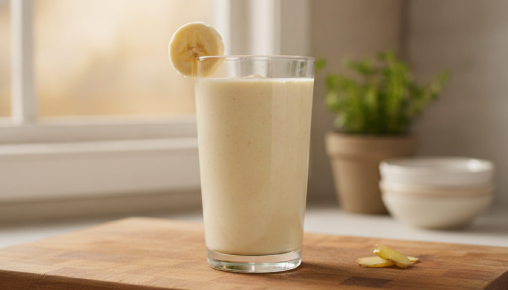 A tall glass filled with a creamy light yellow banana ginger yogurt smoothie garnished with a slice of fresh banana and 