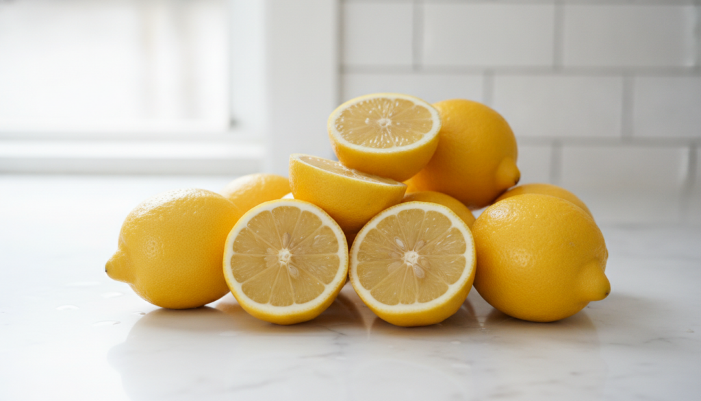 Bright yellow lemons some whole and some halved arranged aesthetically on a light surface