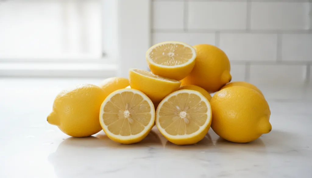 Bright yellow lemons some whole and some halved arranged aesthetically on a light surface