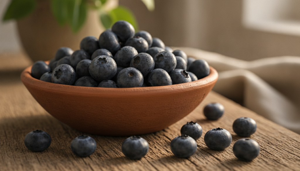 A close-up shot of fresh ripe blueberries in a bowl with a soft focus background