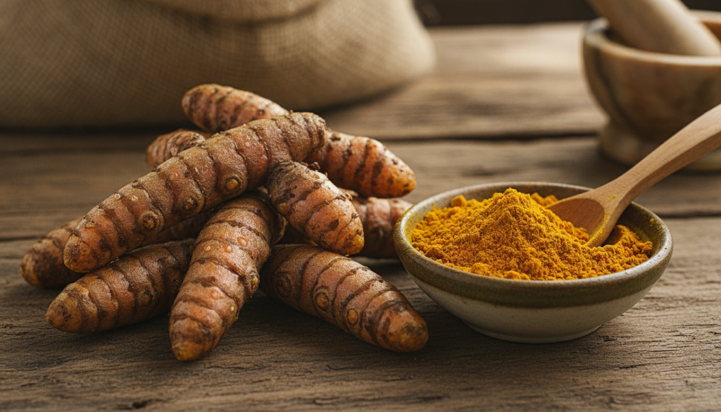 Close-up of fresh turmeric roots and powdered turmeric in a bowl