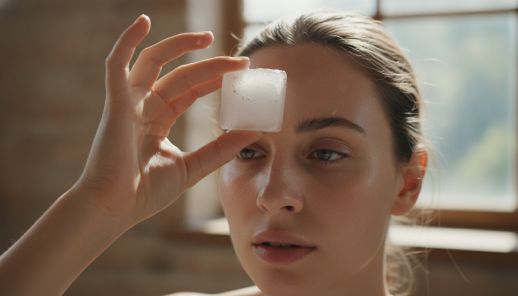 A close-up of a hand gently applying a white translucent rice beauty cube to a woman s forehead highlighting its brighte