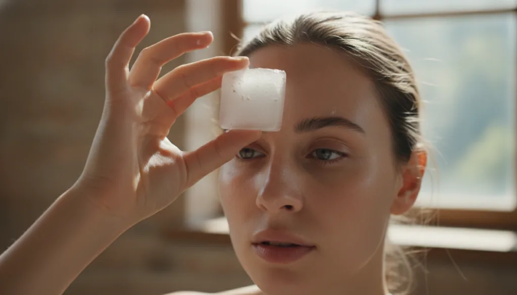 A close-up of a hand gently applying a white translucent rice beauty cube to a woman s forehead highlighting its brighte
