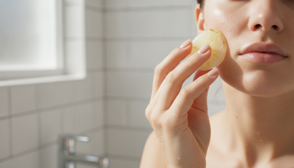 A close-up of a hand gently applying a translucent yellow potato beauty cube to a cheek with some dark spots showing a r
