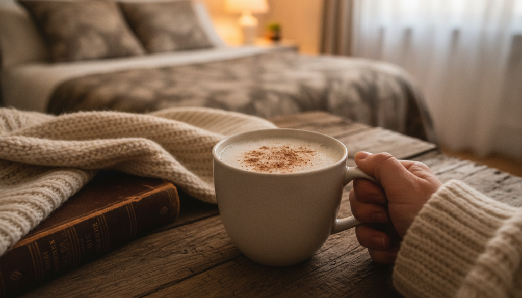 A cozy nighttime scene with a warm mug of milk a sprinkle of nutmeg and a few whole nutmeg seeds on a rustic wooden tabl