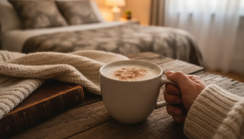 A cozy nighttime scene with a warm mug of milk a sprinkle of nutmeg and a few whole nutmeg seeds on a rustic wooden tabl