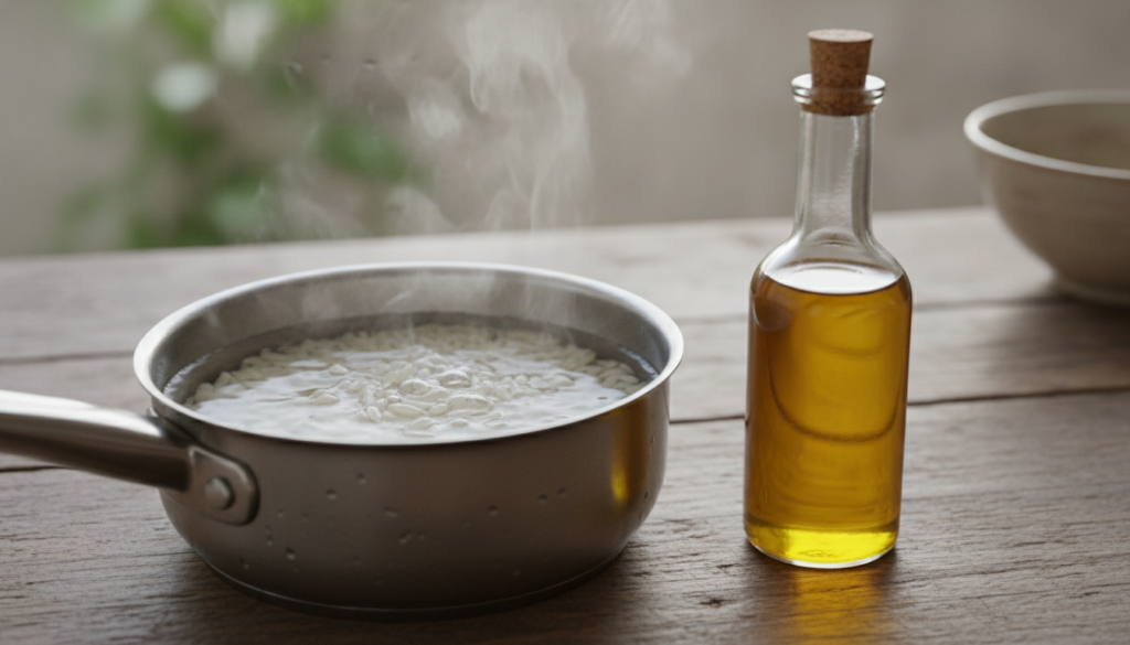 Close-up of a small saucepan with white rice and water simmering next to a small glass bottle of natural oil on a rustic