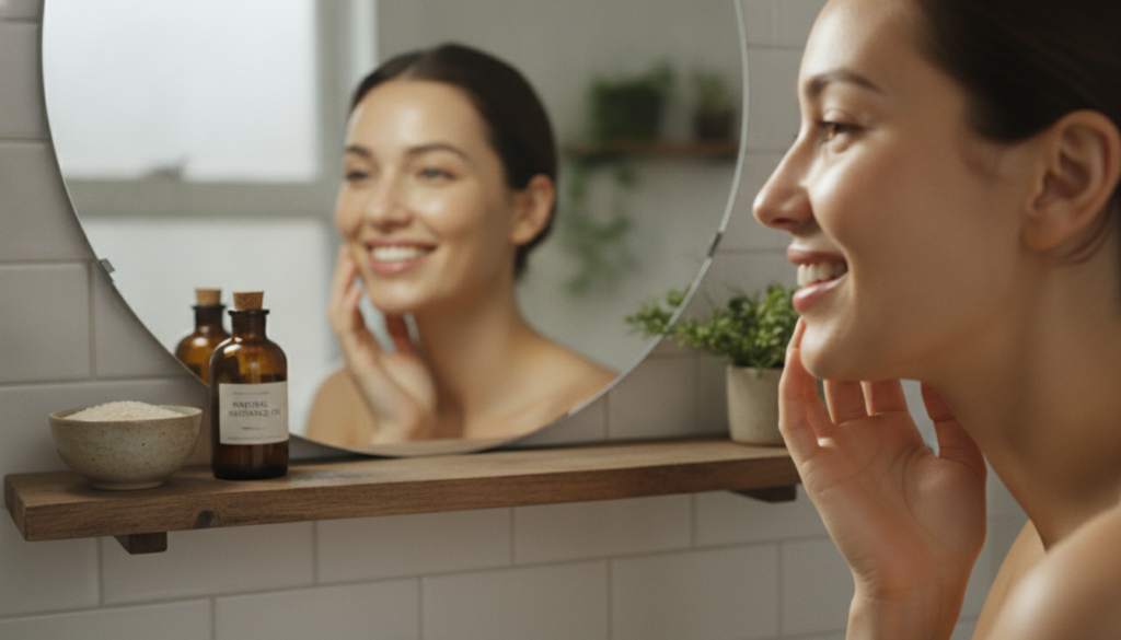A woman smiling looking at her glowing smooth skin in a mirror with a bowl of rice and a small bottle of oil on a nearby
