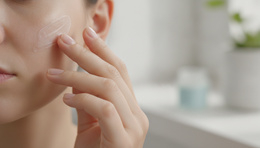A person s hand applying a thin layer of the Vaseline and alum paste to their cheek demonstrating careful application