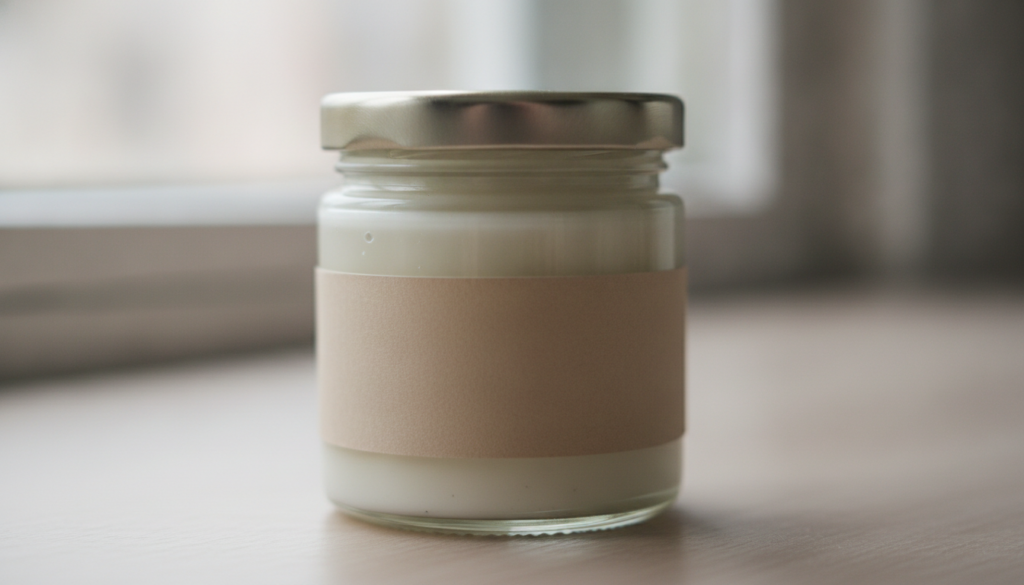 A small glass jar containing the smooth mixed Vaseline and alum paste