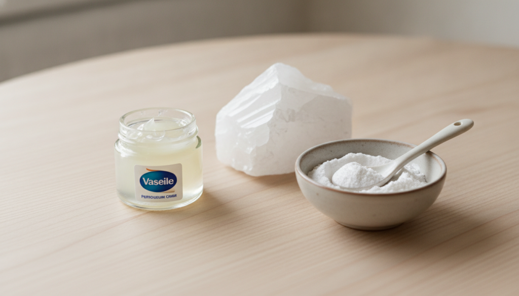 A jar of Vaseline a block or container of alum powder and a small mixing bowl with a spoon