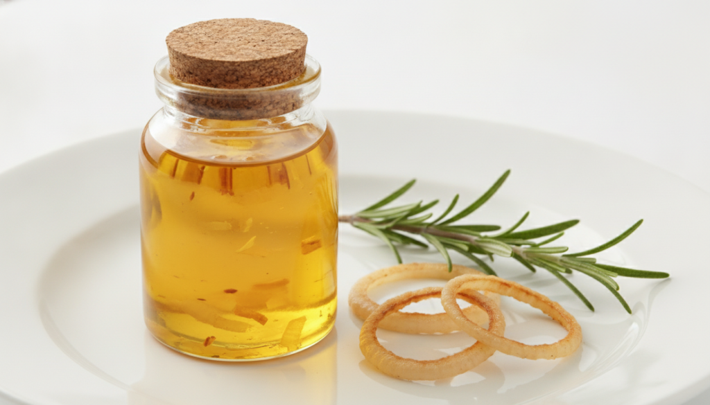 A close-up of a small glass jar containing a golden slightly opaque onion-infused coconut oil with a few slices of fresh