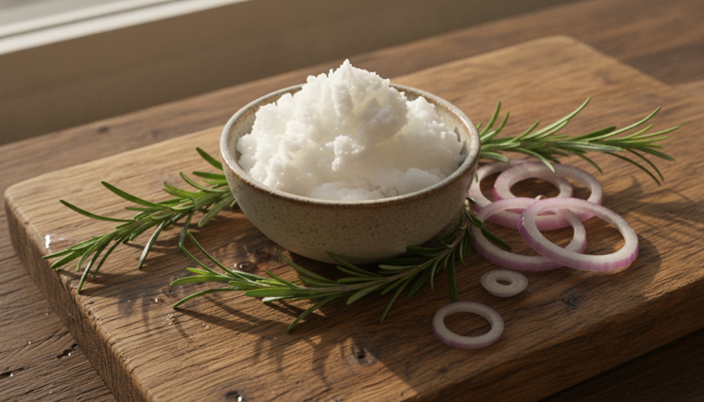 A close-up shot of a small bowl filled with solid coconut oil with fresh rosemary sprigs and a sliced red onion placed a