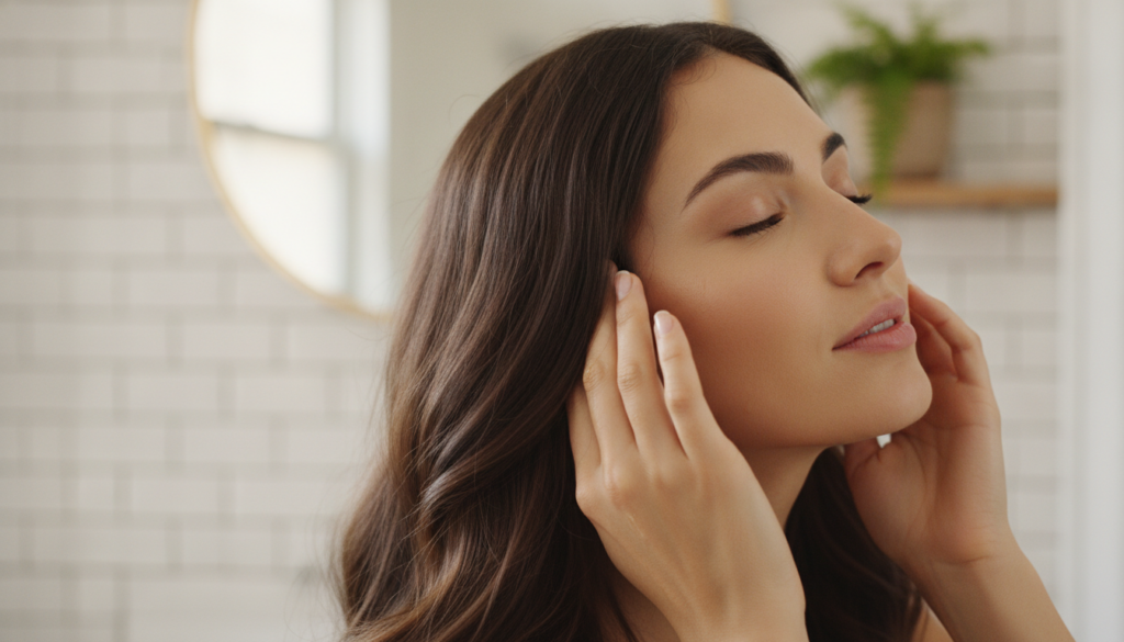 A woman gently massaging her scalp with a few drops of rosemary infused coconut oil her hair looking healthy and shiny i