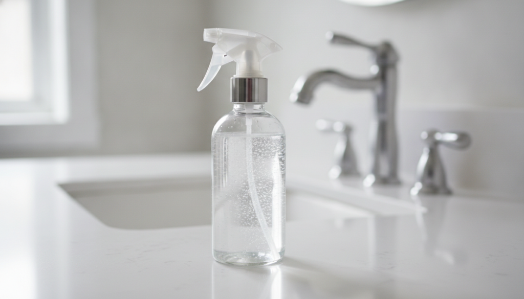 A clear spray bottle filled with a homemade cleaning solution positioned on a clean bathroom counter next to a sparkling