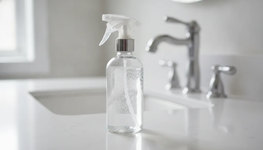 A clear spray bottle filled with a homemade cleaning solution positioned on a clean bathroom counter next to a sparkling