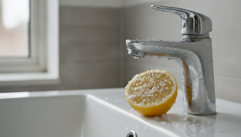 A half-cut lemon with coarse salt sprinkled on its cut surface ready to be used as a natural scrubbing tool for a faucet