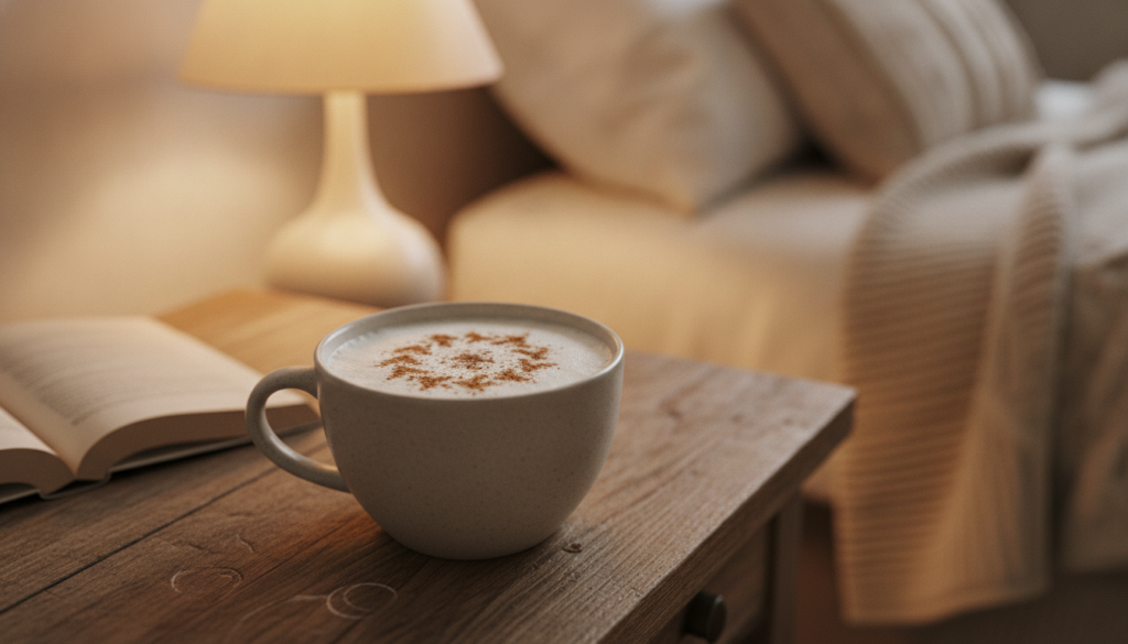 A warm mug of milk with a sprinkle of nutmeg on top steamy and comforting on a bedside table with soft lighting
