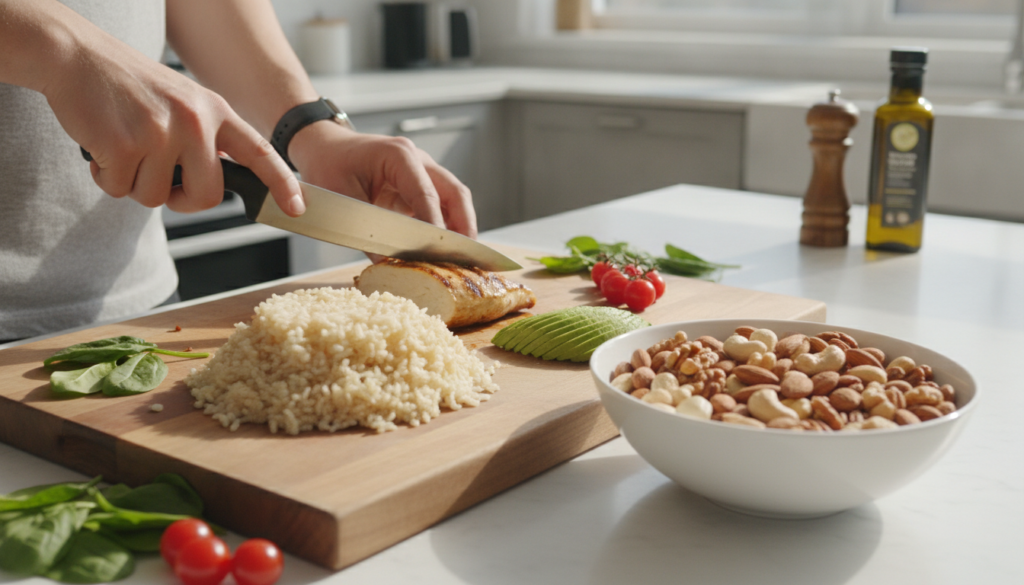A person preparing a healthy high-calorie meal showing various ingredients like chicken rice avocado and nuts on a kitch