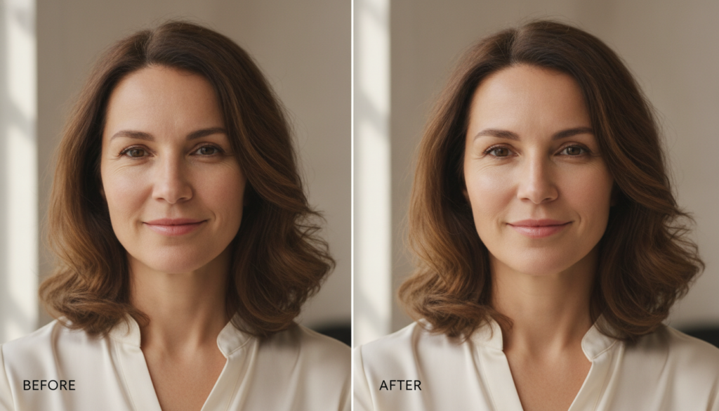 A split image showing a before picture of a woman with duller skin and some fine lines and an after picture of the same 