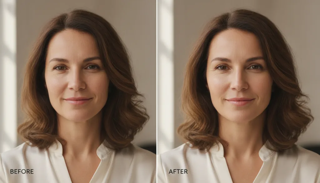 A split image showing a before picture of a woman with duller skin and some fine lines and an after picture of the same 