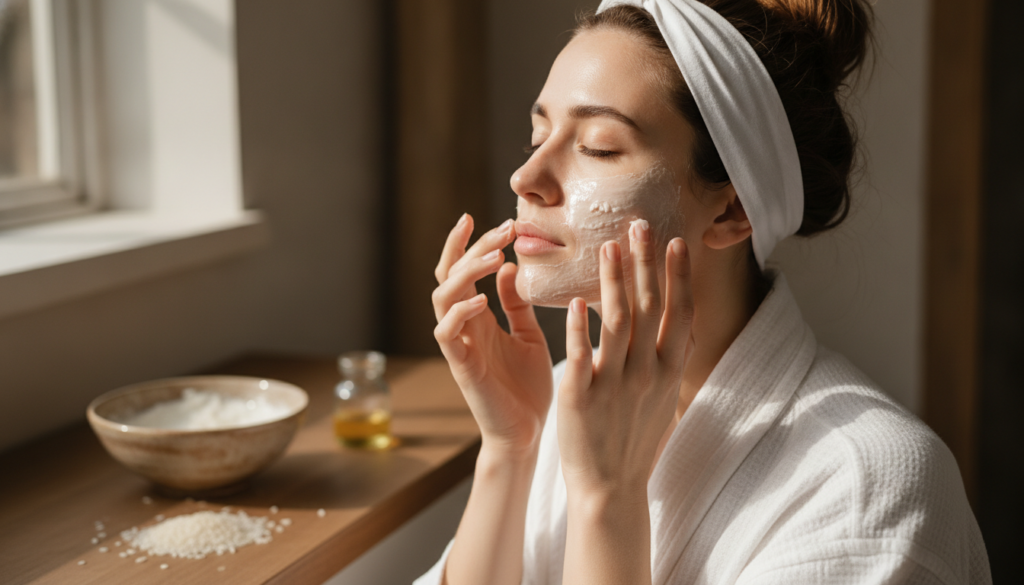 A woman gently applying a homemade rice and oil mask to her face with a bowl of the mask mixture and rice grains visible