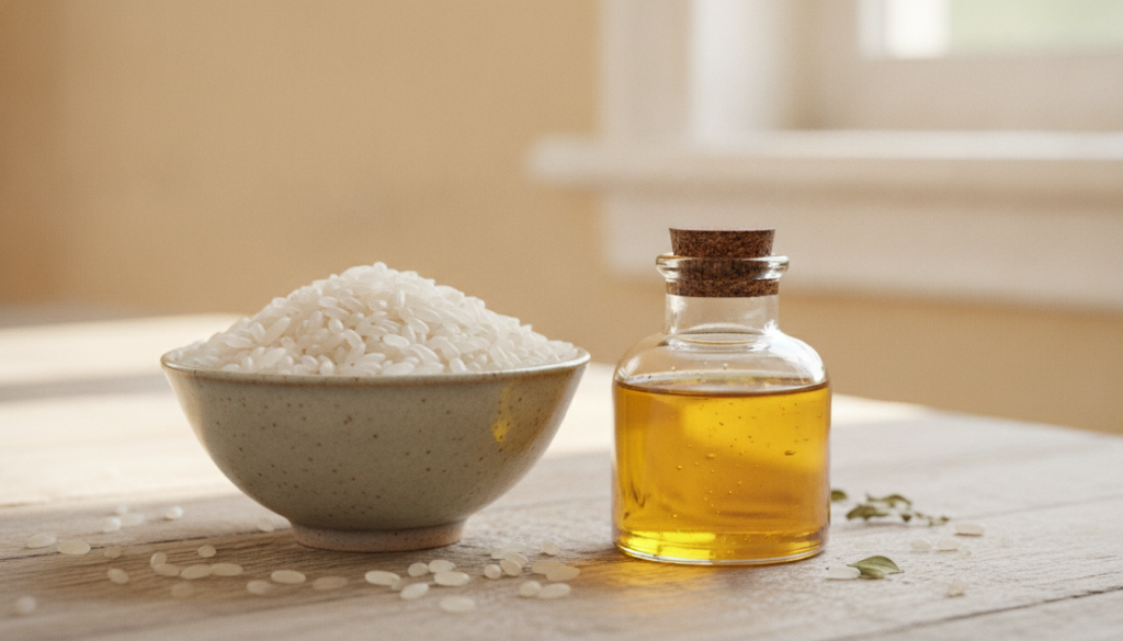 Close-up of a small bowl filled with white rice grains next to a small glass bottle of natural oil e g almond oil or oli