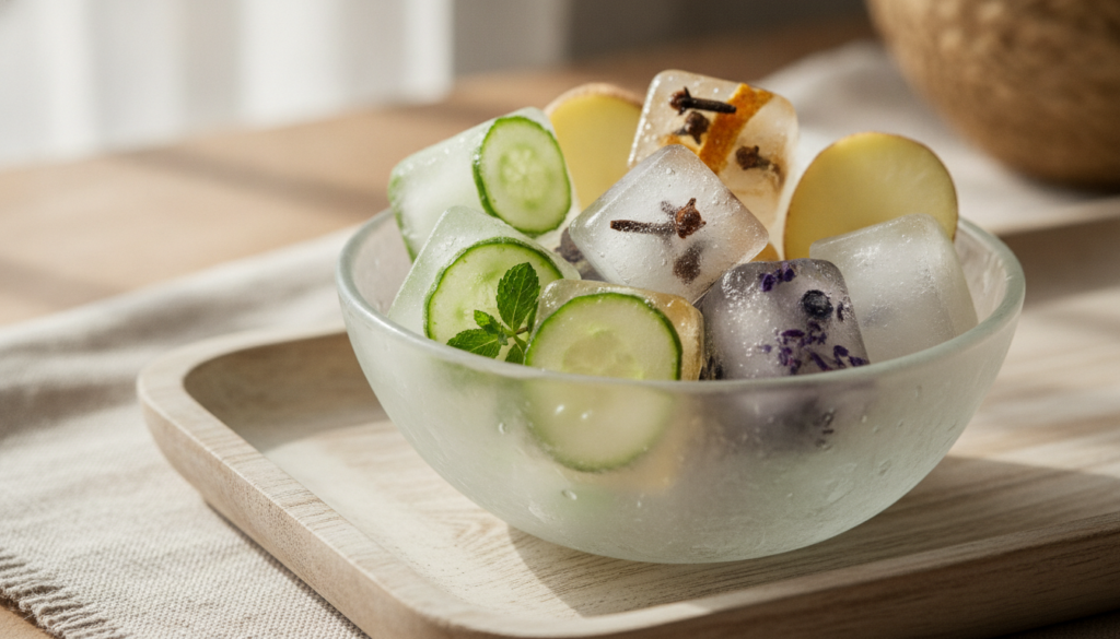 A close-up shot of various colorful beauty ice cubes some with visible natural ingredients like potato slices clove buds