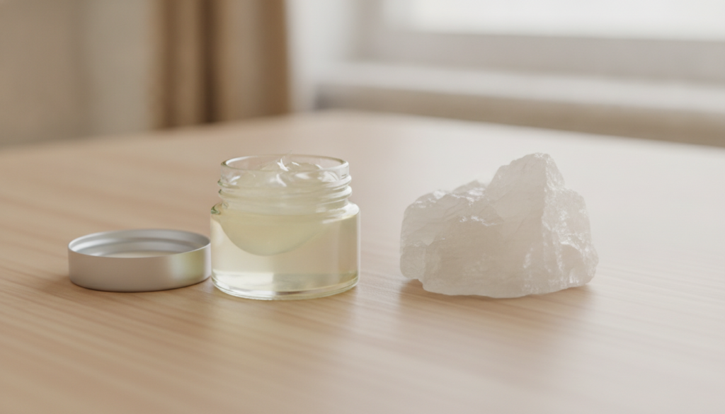 A small open jar of Vaseline next to a rough block of alum on a light surface ready for preparation