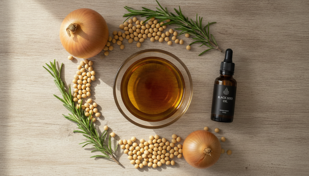 A collection of natural ingredients like soybeans rosemary sprigs onions and a small bottle of black seed oil arranged a