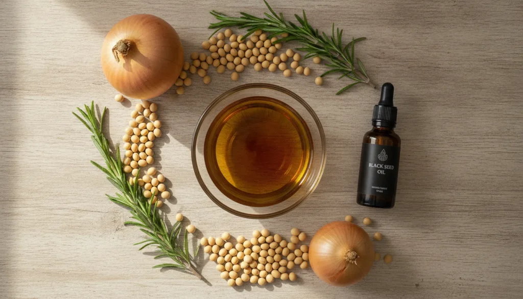 A collection of natural ingredients like soybeans rosemary sprigs onions and a small bottle of black seed oil arranged a