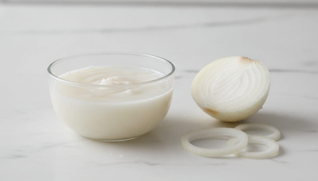 A bowl with a mixture of onion juice and coconut oil alongside a freshly cut onion and a small bottle of coconut oil on 