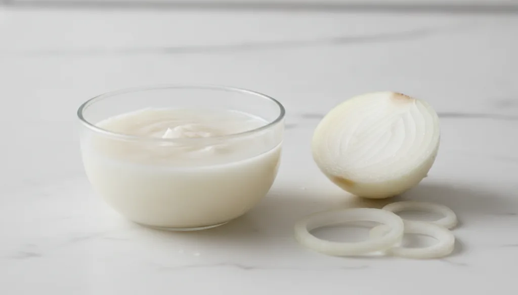 A bowl with a mixture of onion juice and coconut oil alongside a freshly cut onion and a small bottle of coconut oil on 