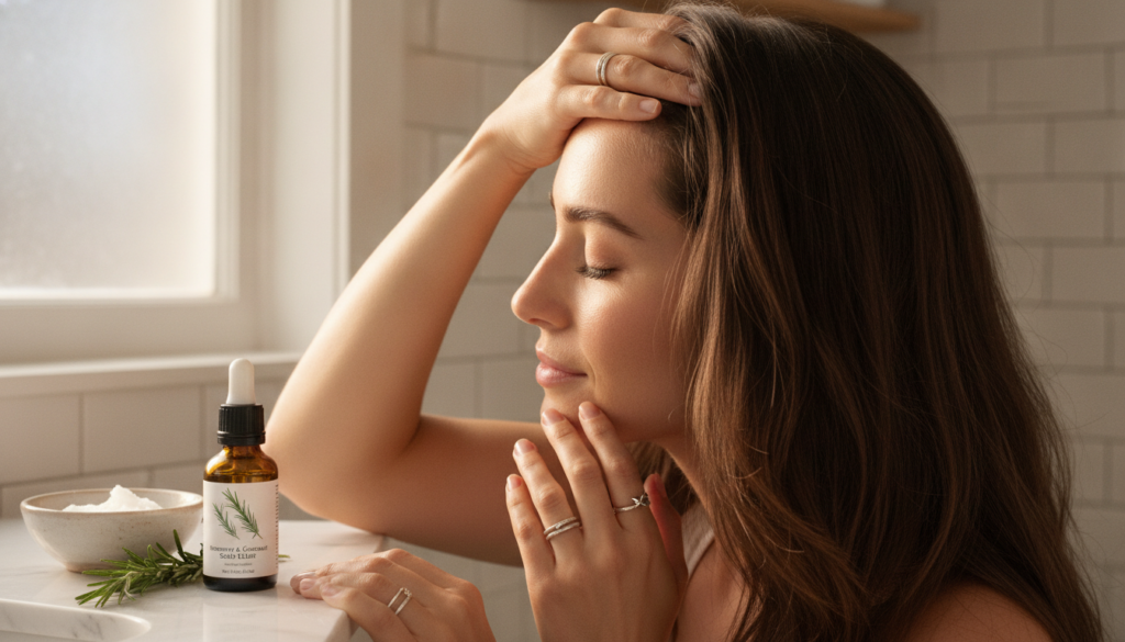 A woman gently massaging rosemary-infused coconut oil into her scalp with a serene expression focusing on natural hair c