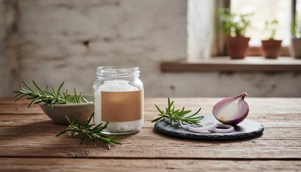 Various natural ingredients like coconut oil fresh rosemary sprigs and a sliced onion laid out on a rustic wooden table 