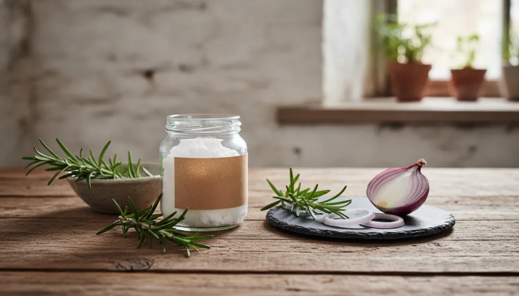 Various natural ingredients like coconut oil fresh rosemary sprigs and a sliced onion laid out on a rustic wooden table 