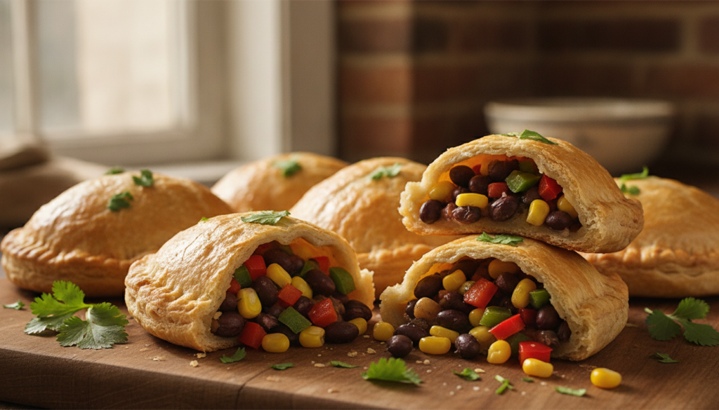Vibrant golden-baked hand pies filled with a colorful mix of black beans corn and bell peppers Some pies are split to sh
