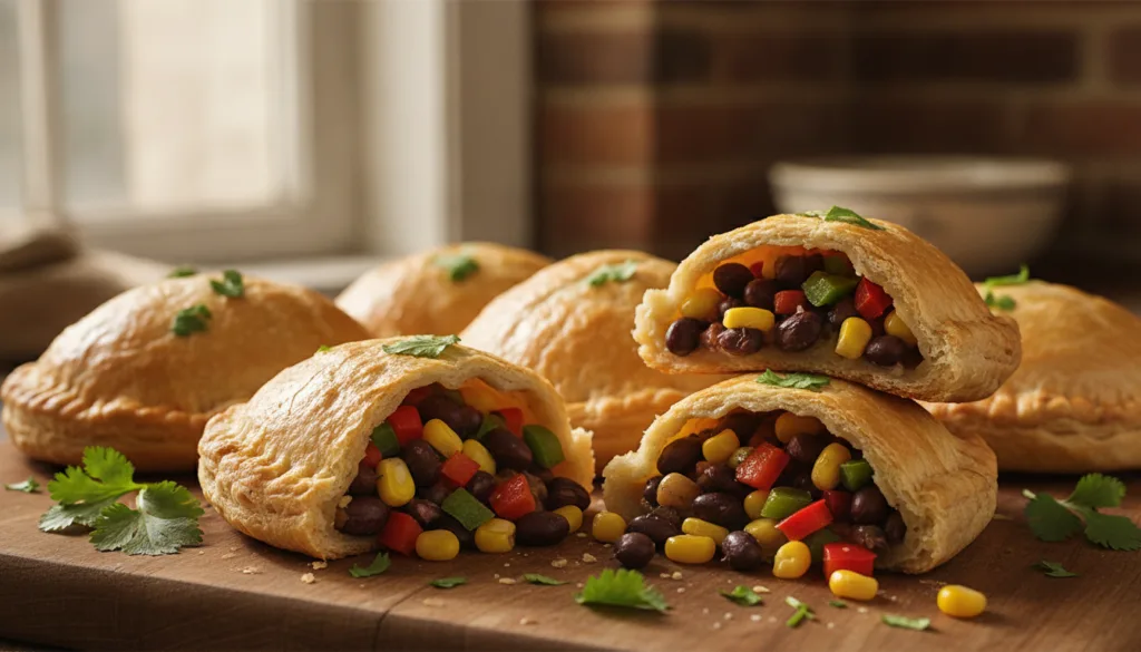 Vibrant golden-baked hand pies filled with a colorful mix of black beans corn and bell peppers Some pies are split to sh