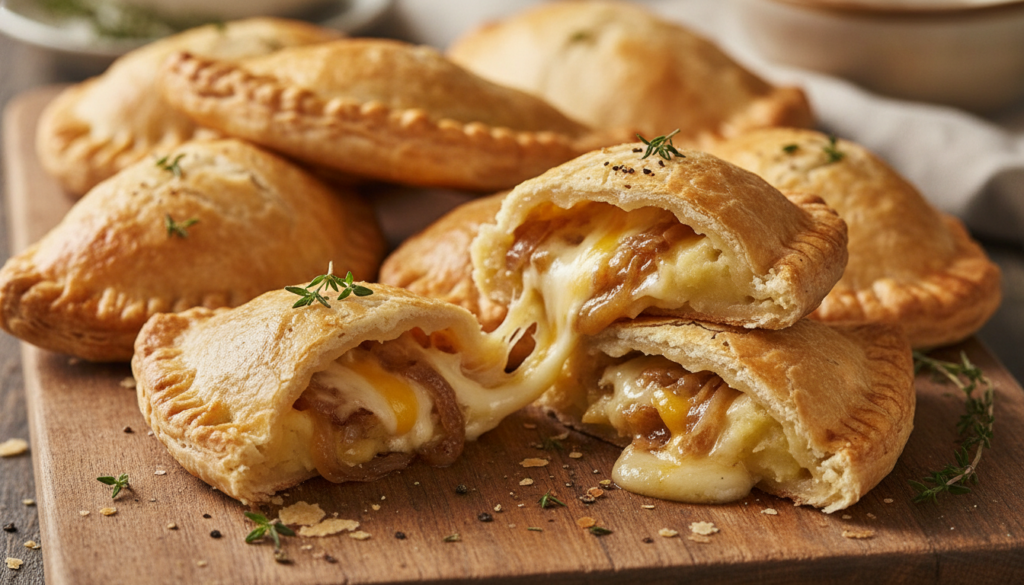 Close-up shot of golden baked hand pies some cut open to reveal a creamy filling of mashed potatoes caramelized onions a